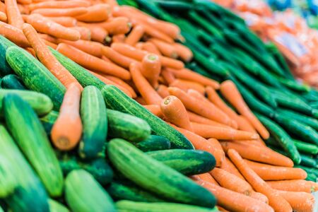 Assorted fresh vegetables put up for sale in supermarket.の写真素材