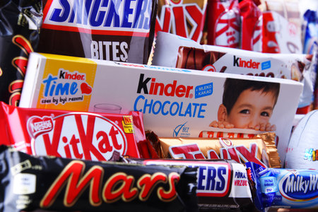 POZNAN, POL - APR 9, 2020: Variety of popular brands of confectionery productsのeditorial素材