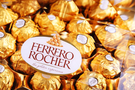 POZNAN, POL - APR 16, 2020: Ferrero Rocher premium chocolate sweets produced by the Italian...