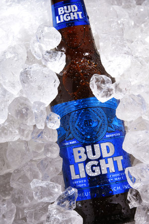 POZNAN, POL - MAY 22, 2020: Bottle of Bud Light beer, an American light beer, produced by Anheuser-Busch, introduced in 1982.のeditorial素材