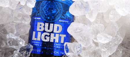 POZNAN, POL - MAY 22, 2020: Bottle of Bud Light beer, an American light beer, produced by Anheuser-Busch, introduced in 1982.のeditorial素材