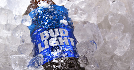 POZNAN, POL - MAY 22, 2020: Bottle of Bud Light beer, an American light beer, produced by Anheuser-Busch, introduced in 1982.のeditorial素材