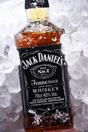 POZNAN, POL - MAY 28, 2020: Bottle of Jack Daniel's, a brand of the best selling American whiskey in the world,  produced by the Jack Daniel Distillery and owned by the Brown-Forman Corporation since 1956のeditorial素材