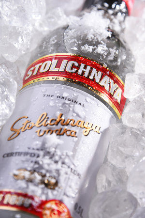 POZNAN, POL - MAY 28, 2020: Bottle of Stolichnaya, popular brand of Russian vodka made of wheat and rye grainのeditorial素材