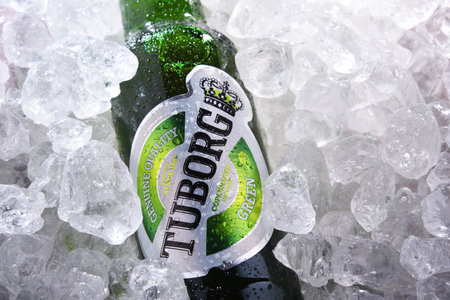 POZNAN, POL - JUN 10, 2020:  Bottle of Tuborg beer, produced by a Danish brewing company founded in 1873 near Copenhagenのeditorial素材