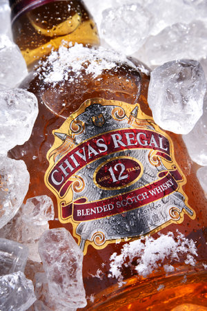 POZNAN, POL - MAY 28, 2020: Bottle of Chivas Regal 12, a blended Scotch whisky made from whiskies matured for at least 12 years, produced by Chivas Brothers in Keith, Scotlandのeditorial素材