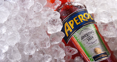 POZNAN, POL - MAY 28, 2020: Bottle of Aperol, an Italian aperitif made of gentian, rhubarb, and cinchona, It is produced by the Campari company.のeditorial素材