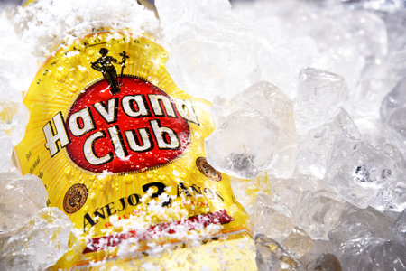 POZNAN, POL - MAY 28, 2020: Bottle of Havana Club, a brand of rum created in Cuba in 1934, now one of the best-selling rum brands in the worldのeditorial素材