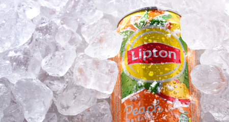 POZNAN, POL - JUN 18, 2020: Can of Lipton Ice Tea, a soft drink brand sold by Lipton and belonging to Unilever, a British-Dutch multinational consumer goods company.のeditorial素材