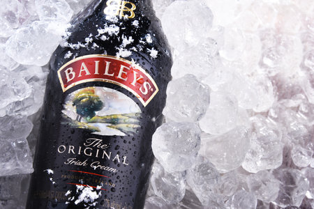 POZNAN, POL - JUN 18, 2020: Bottle of Baileys Irish Cream, an Irish whiskey- and cream-based liqueur, made by Gilbeys of Ireland. Brand currently owned by Diageo.のeditorial素材