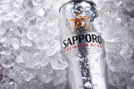 POZNAN, POL - JUN 26, 2020: Can of Sapporo beer, a product of Sapporo Breweries, a Japanese beer brewing company founded in 1876.のeditorial素材