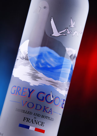 POZNAN, POL - JUL 1, 2020: Bottle of Gray Goose, a brand of French vodka created in the 1990s by Sidney Frank, now owned by Bacardiのeditorial素材