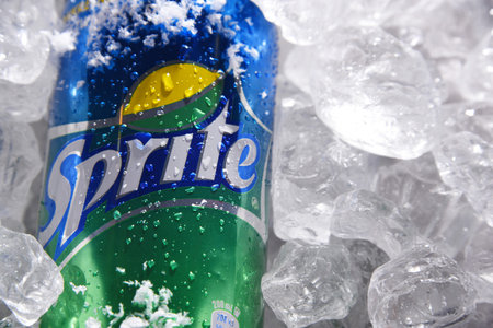 POZNAN, POL - JUL 02, 2020: Can of Sprite, a brand of soft drink, created by the Coca-Cola Company,...