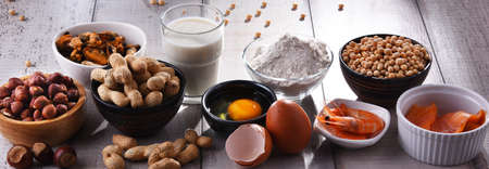 Composition with common food allergens including egg, milk, soya, peanuts, hazelnut, fish, seafood and wheat flourの写真素材