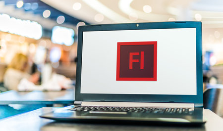 POZNAN, POL - MAY 21, 2020: Laptop computer displaying logo of Adobe Flash, a deprecated multimedia software platform used for production of animationsのeditorial素材
