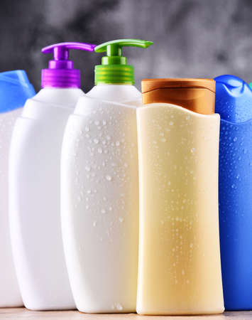 Plastic bottles of body care and beauty products.の写真素材