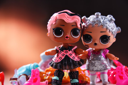 POZNAN, POL - AUG 13, 2020: Two LOL Surprise! dolls, products of MGA Entertainment Inc. a manufacturer of children's toys and entertainment products founded in 1979 in California, USAのeditorial素材