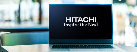 POZNAN, POL - SEP 23, 2020: Laptop computer displaying of Hitachi, a multinational conglomerate company headquartered in Chiyoda, Tokyo, Japanのeditorial素材