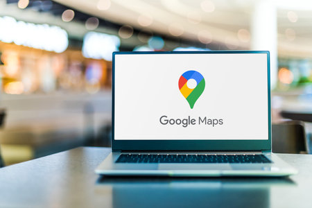 POZNAN, POL - SEP 23, 2020: Laptop computer displaying of Google Maps, a web mapping service...