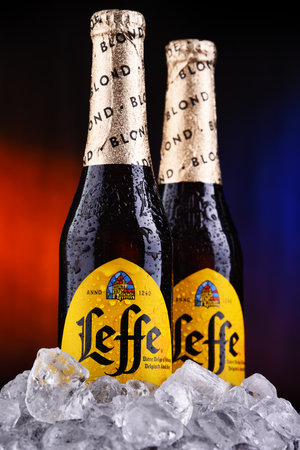 POZNAN, POL - OCT 2, 2020: Bottles of Leffe, a brand of beer owned by InBev Belgium, the European operating arm of the global Anheuserのeditorial素材