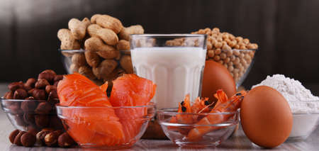 Composition with common food allergens including egg, milk, soya, peanuts, hazelnut, fish, seafood...