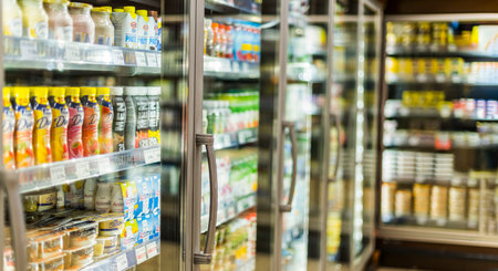 POZNAN, POL - APR 13, 2021: Food products put up for sale in a commercial refrigeratorのeditorial素材