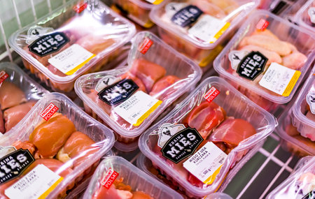 POZNAN, POL - APR 13, 2021: Meat products put up for sale in a supermarket commercial refrigeratorのeditorial素材