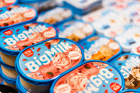 POZNAN, POL - APR 28, 2021: Algida ice cream products put up for sale in a commercial refrigeratorのeditorial素材