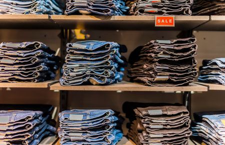 POZNAN, POL - MAY 28, 2021: Clothing products on the shelf in a clothing store.のeditorial素材