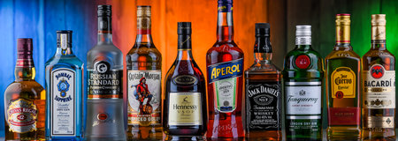 POZNAN, POL - AUG 05, 2021: Bottles of assorted global hard liquor brands including whiskey, vodka, tequila and ginのeditorial素材