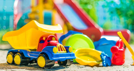 Colorful plastic children toys on the playground.の写真素材
