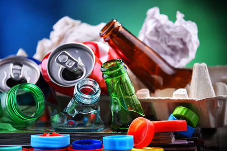 Recyclable garbage consisting of glass, plastic, metal and paper.の写真素材
