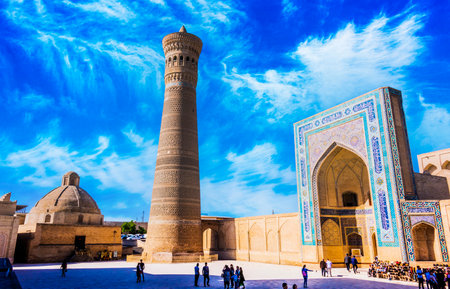 BUKHARA, UZBEKISTAN - MAY 1, 2019: Po-i-Kalan or Poi Kalan, an Islamic religious complex located around the Kalan minaret in Bukhara, Uzbekistan.のeditorial素材
