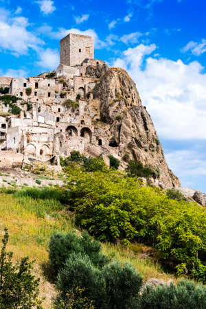 View of Craco, a ghost town in the province of Matera, Basilicata, Italyの写真素材