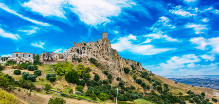 View of Craco, a ghost town in the province of Matera, Basilicata, Italyのeditorial素材