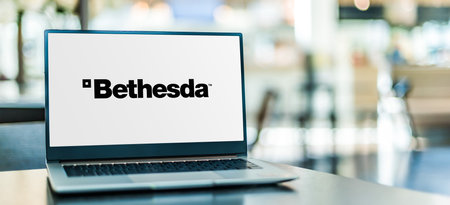 POZNAN, POL - MAR 15, 2021: Laptop computer displaying of Bethesda Softworks LLC, an American video game publisher based in Rockville, Marylandのeditorial素材