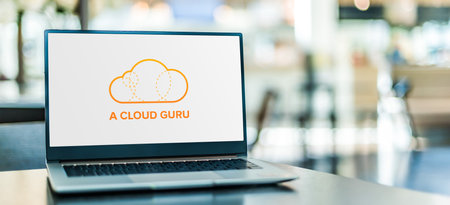 POZNAN, POL - JUN 12, 2021: Laptop computer displaying logo of A Cloud Guru, an online training platform for people interested in Information Technologyのeditorial素材