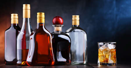 Composition with bottles of assorted alcoholic beverages.の写真素材