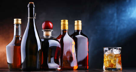Composition with bottles of assorted alcoholic beverages.の写真素材