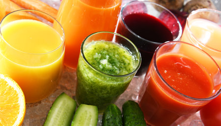 Glasses with fresh organic vegetable and fruit juices. Detox dietの写真素材