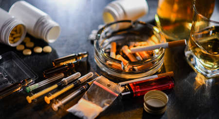 Addictive substances, including alcohol, cigarettes and drugs.の写真素材