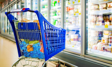 A shopping cart with grocery products in a supermarketの写真素材