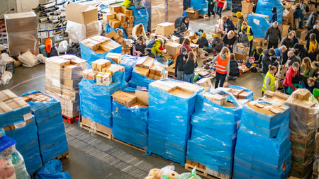 POZNAN, POL - MAR 12, 2022: Humanitarian aid for Ukraine organized by civil society in Poland after Russian invasion on Ukraine in 2022のeditorial素材