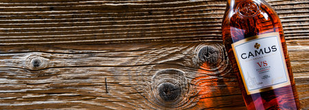 POZNAN, POL - APR 13, 2022: Bottle of Camus Cognac, a brand founded by Jean-Baptiste Camus in 1863, headquarted in Cognac, Franceのeditorial素材