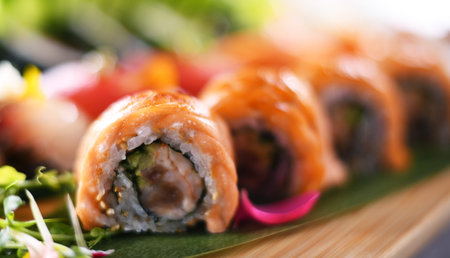 Composition with a variety of sushi rollsの写真素材