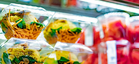 Pre-packaged ready to eat meals and fruit salads displayed in a commercial refrigeratorの写真素材