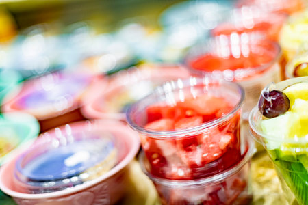 Pre-packaged fruit salads displayed in a commercial refrigeratorの写真素材