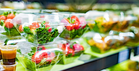 Pre-packaged vegetable salads displayed in a commercial refrigeratorの写真素材