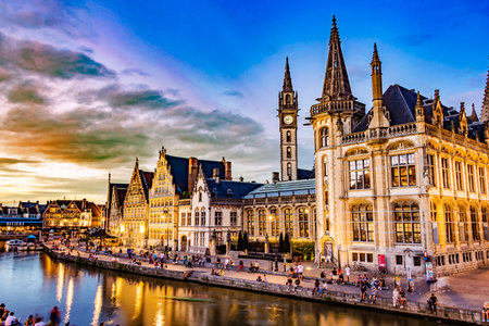 GHENT, BELGIUM - AUG 24, 2022: Architecture of the historic city center of Ghent in the Flemish Region of Belgium, after sunsetのeditorial素材