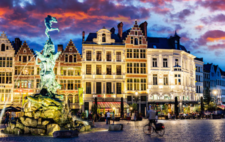 ANTWERP, BELGIUM - AUG 21, 2022: Architecture of the historic city center of Antwerp, in the Flemish Region of Belgium, after sunset